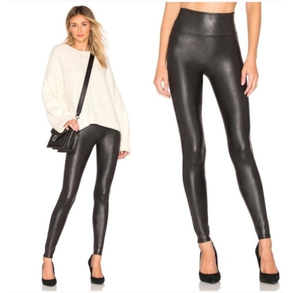 Spanx Leggings Womens M Black Faux Leather Stretch‎ High Rise Slimming Stretch